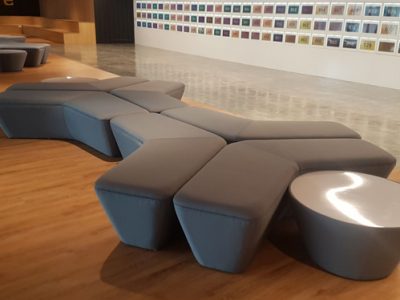 OUE Downtown - Modular sofa and customised fabric coffee table with acrylic top