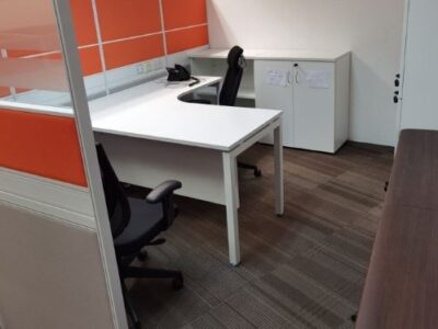 SembCorp (year 2021) - T40 Workstations with White L-shaped Desk and White Cabinet