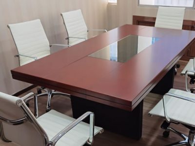 Wood Veneer Conference Table White Leather Office Chairs