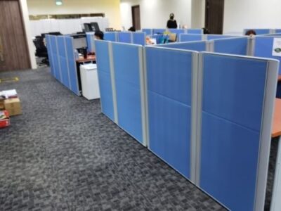 Blue office panels in office space
